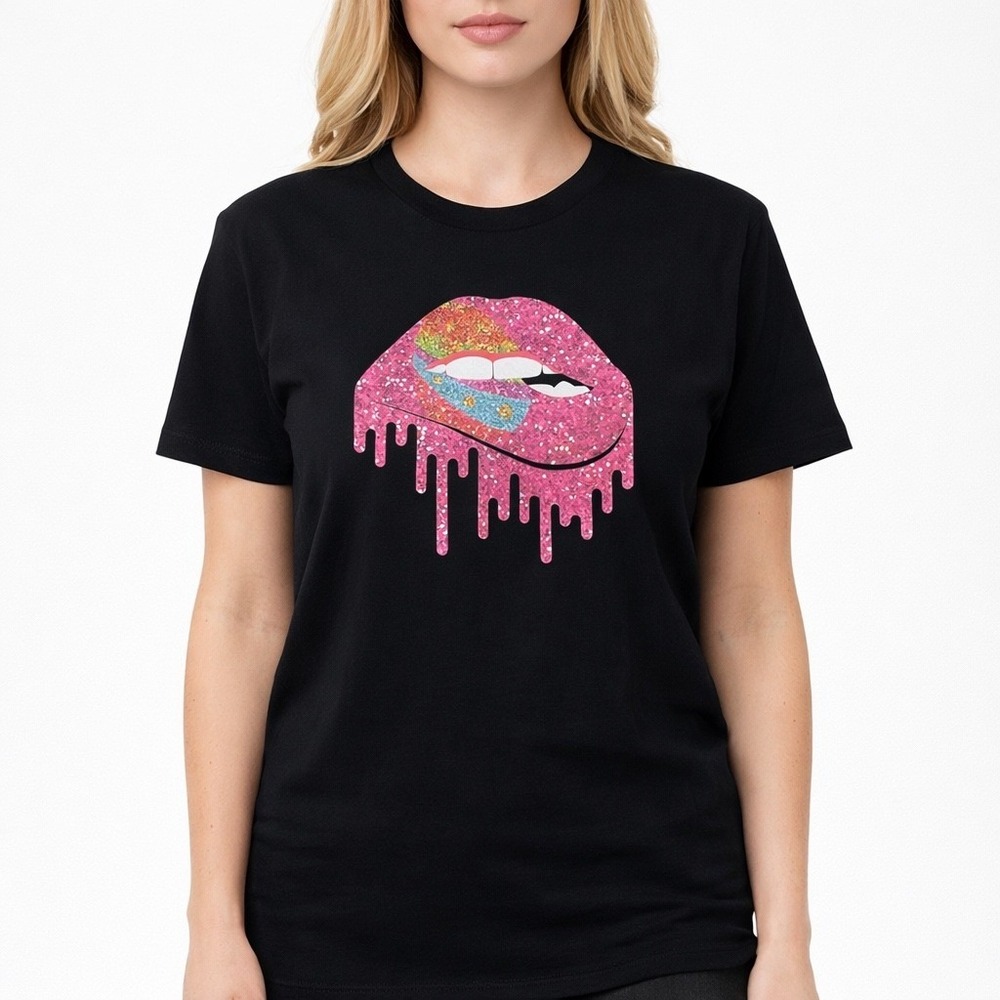 Gildan Black Glitter Dripping Lips Graphic Tee Shirt Size Large‎